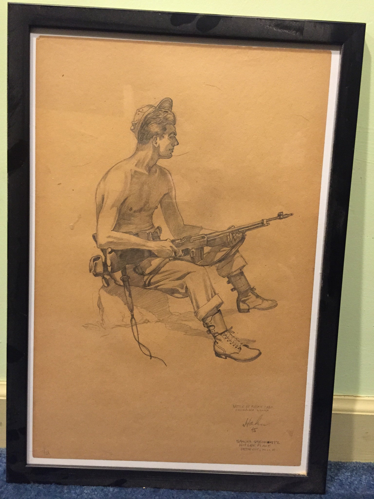 Real art! 1945 pencil sketch by Herbet C Hahn from the battle of Okinawa. Named!