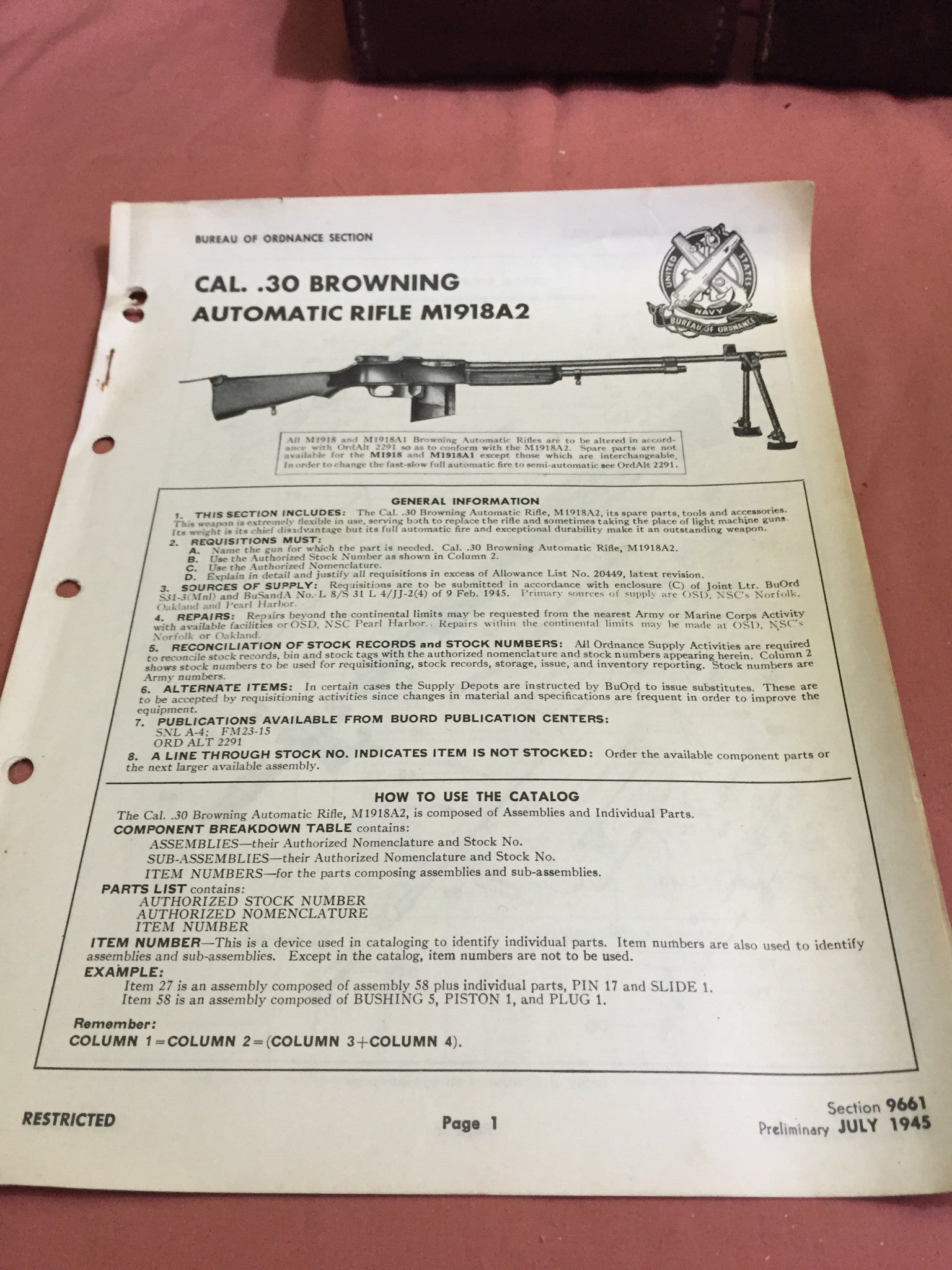 Bureau of Ordnance Section Cal .30 Automatic Rifle M1918a2